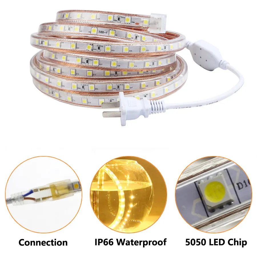 Светодиодные ленты 220 V светильник Водонепроницаемый IP67 SMD 5050 60 светодиодов/m LED