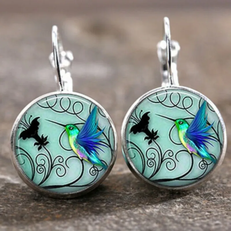 silver Синие часы Hummingbird Time серьги из драгоценных камней модные ювелирные изделия Серебро Бронза Цвет Стеклянные Серьги на крючках для женщин девочек - Окраска металла: silver
