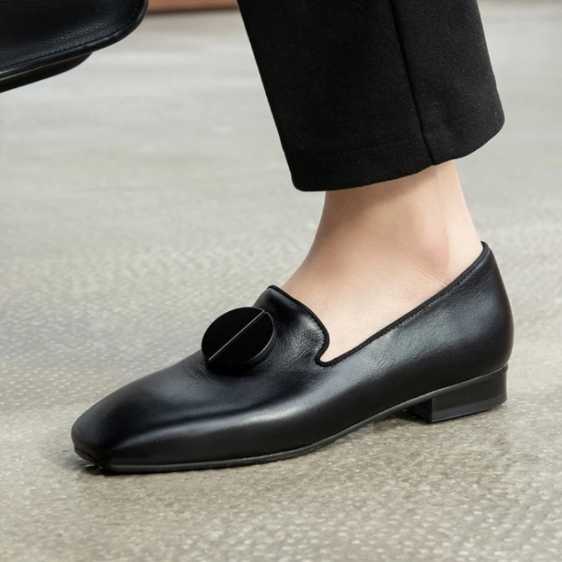 

RIZABINA Women Flat Shoes Fashion Square Toe Low Heels Shoes Women High-Quality Genuine Leather Solid Footwear Size 34-40