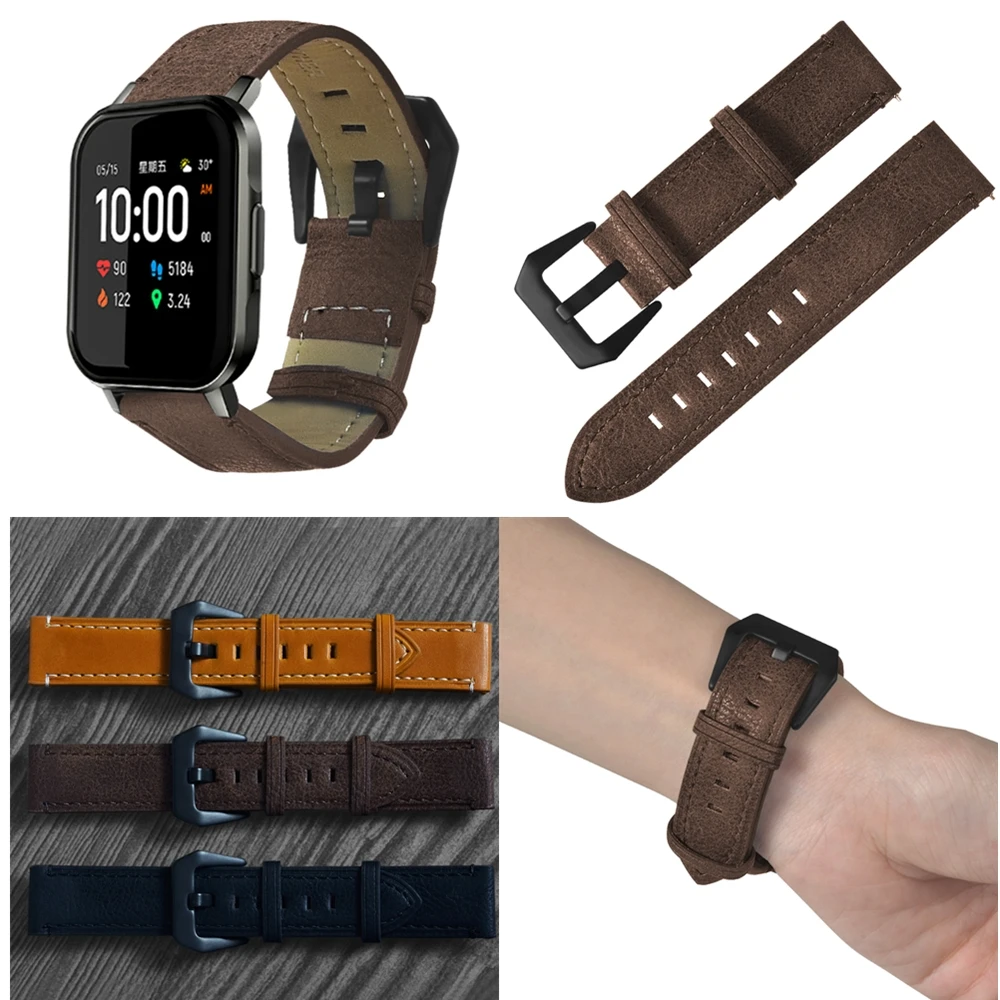 

Strap For Xiaomi Haylou LS02 Watch 20MM Stainless Steel Plating Buckle Retro Texture Handmade Leather Strap For Amazfit Bip S