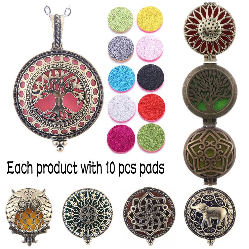 

New Bronze Aroma Diffuser Necklace Antique Open Locket Pendant Perfume Essential Oil Aroma Locket Necklace（10pc pad）