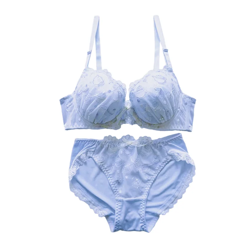 Women Set 2 Piece Japanese Sexy Bra Panties Push Up Kawaii Cup Plus Size Lingerie Femme White Blue Bra Panties Thong New