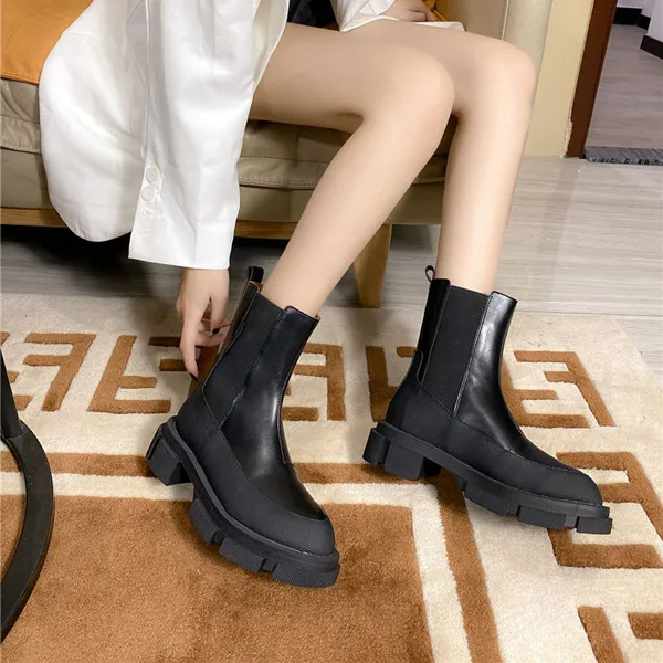 

MStacchi Winter Women Boots Microfiber Round Toe Elastic Martin Boots Thick Bottom Pure Color Super Cool Mid-tube Women Shoes