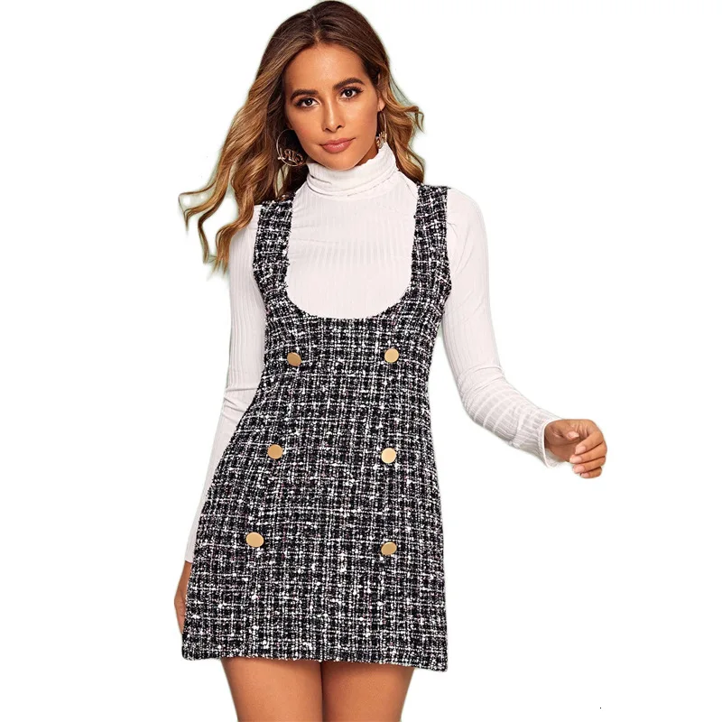 Разноцветное твидовое короткое платье с двумя пуговицами женское осеннее тонкое