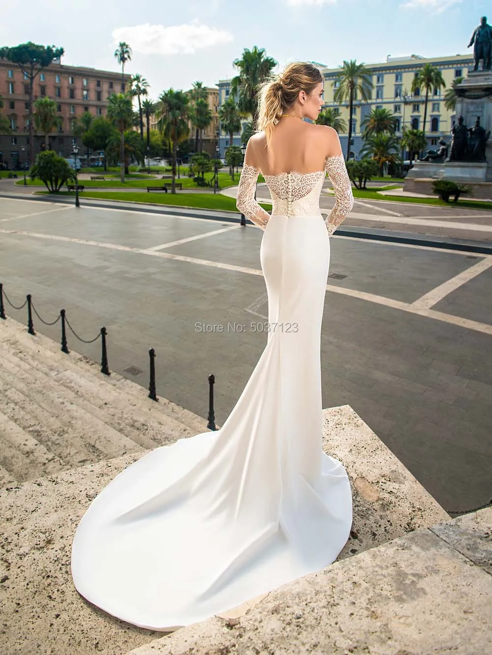 Свадебные платья русалки с длинными рукавами с открытыми плечами Vestido De Noiva кружевные аппликации для свадебных платьев со шлейфом Иллюзия кнопка