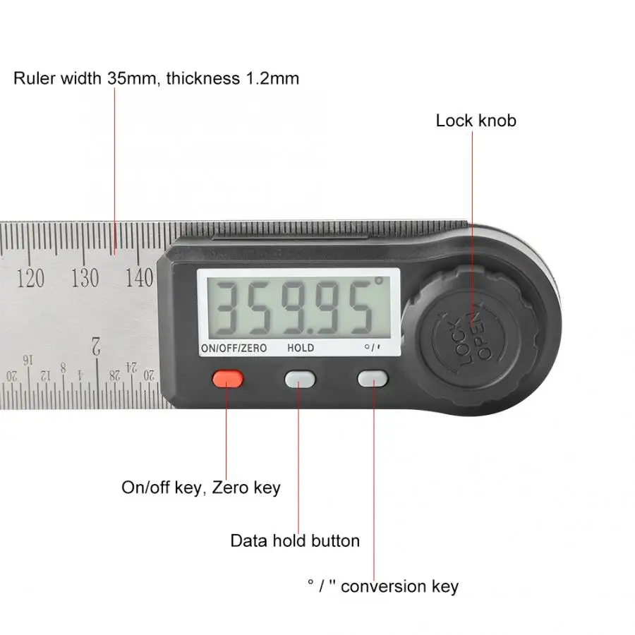 1pc 2-in-1 Electronic Digital Display Angle Meter 0-360 degree Woodworking Ruler Multi-function Protractor | Измерительные