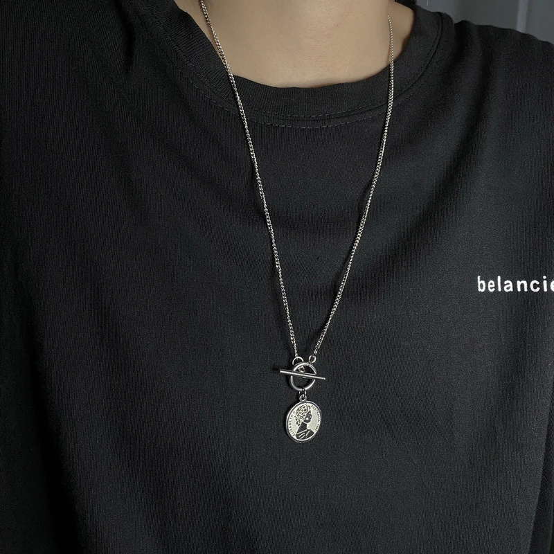 

POTCET Unisex Stainless Steel Round Brand Portrait Titanium Steel Necklace Pendant Geometric Fashion Hip Hop Party Jewelry
