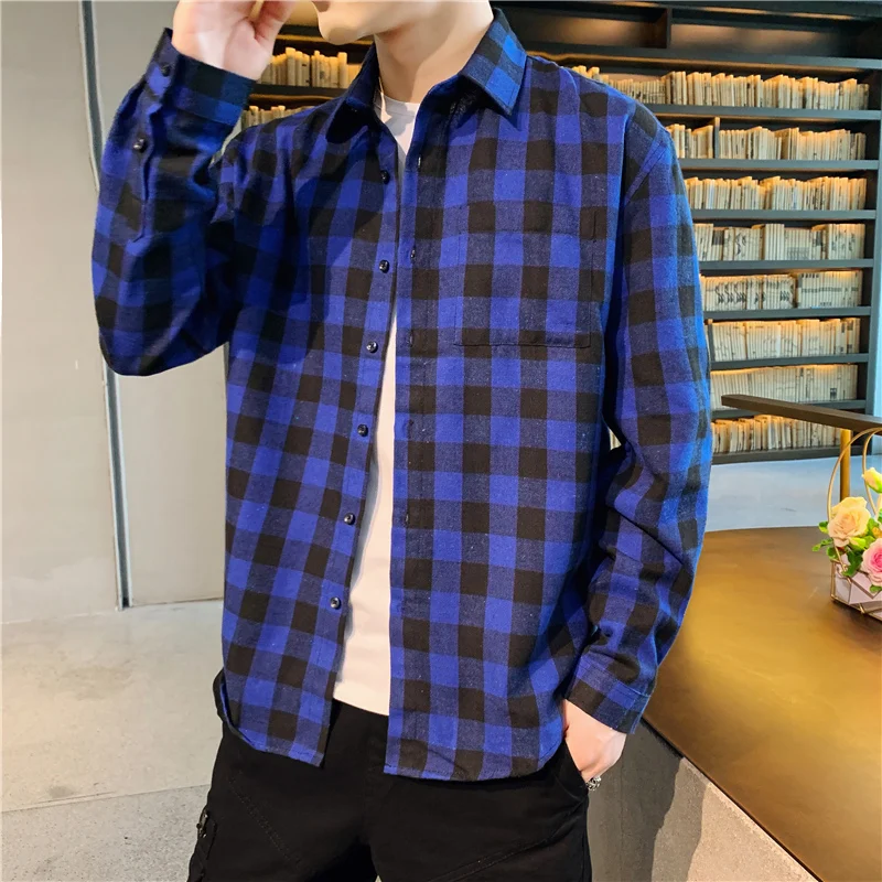 

Streetwear Japanese Korean Social Shirts Men Red 2020 Cotton Blouses Male Fashion Autumn Long Sleeve Plaid Casual Shirt