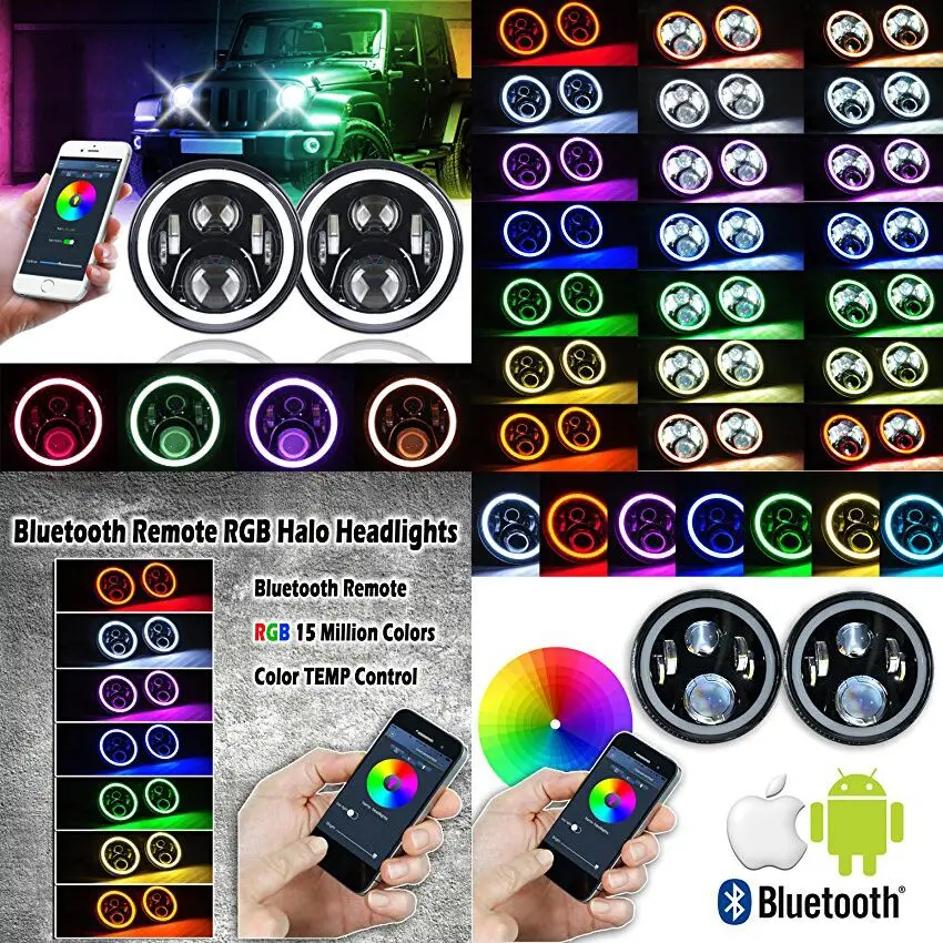 7-дюймовая светодиодная фара RGB со светодиодным кольцом DRL Halo Angle Eyes Для JEEP WRANLGER JK