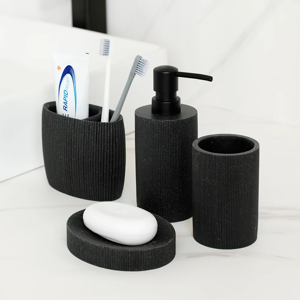 black bathroom accessories set with toothbrush holder soap dispenser soap tumbler cups soap dish an toilet brush holder free global shipping