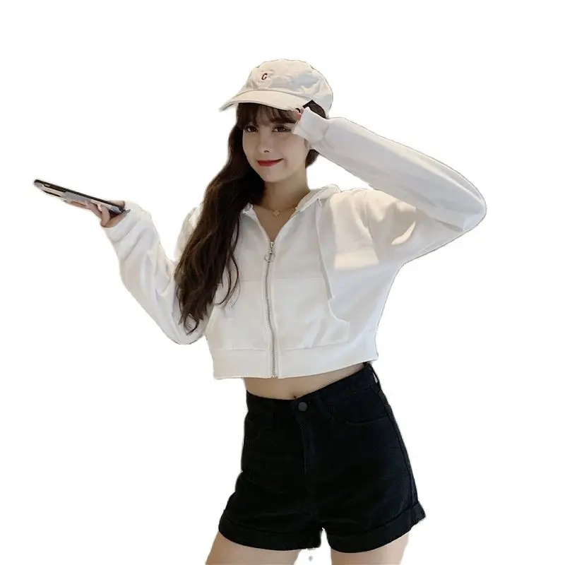 

2021 Spring And Autumn Solid Hooded Sweater Women Korean Casual Short Coat Loose Student Cardigan Zipper Hoodie Trend