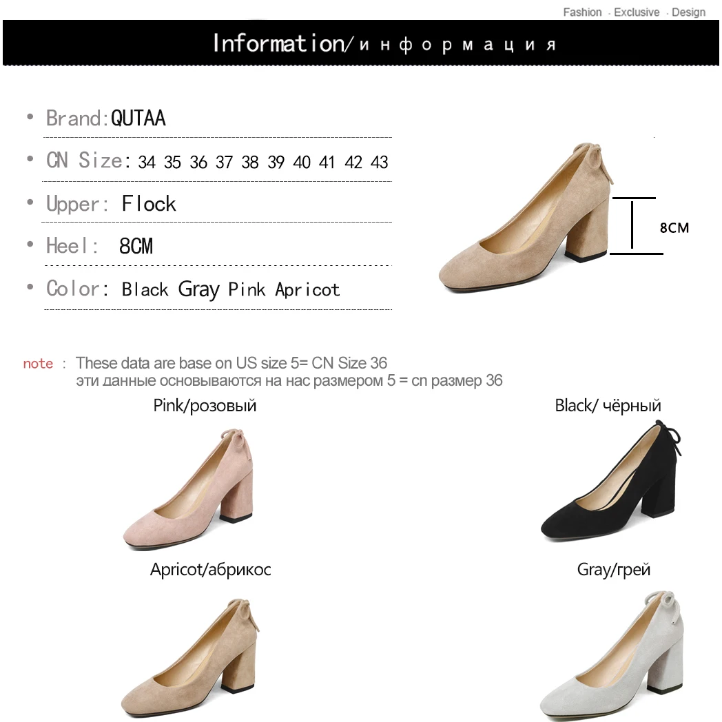 

QUTAA 2018 Shoes Women Bow-tie Flock Square High Heel Platform Women Pumps Pointed Toe Ladies Wedding Woman Shoes Size 34-43