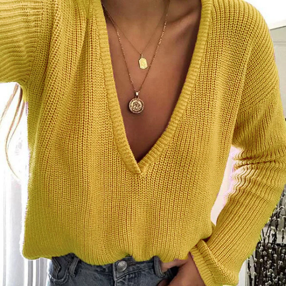 Sweater Women Oversize Female Casual Deep V Neck Knitted Jumper Tops Long Sleeves Women's Chic Tricot |