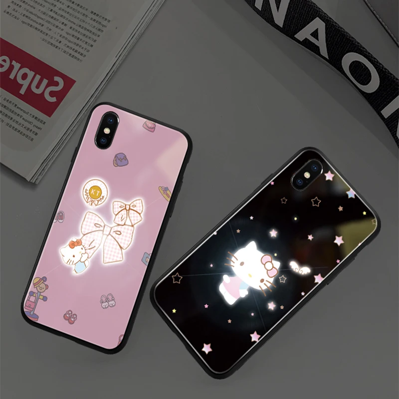 EKIND Hellokitty серия закаленное стекло чехол для iPhone X XS XSMAX Led логотип флэш-стекло чехол для iPhone защитный