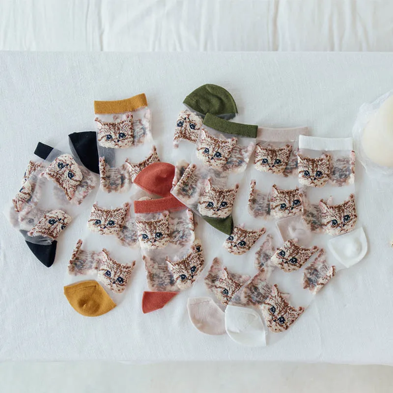 

Animal Colorful Funny Socks Women Korean Style Ultra-thin Transparent Glass Skarpety Elegant Lace Sokken Harajuku Skarpetki Sox