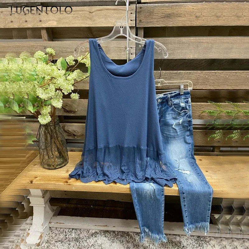 

Women's Tank Top Summer Casual New Lace Stitching Vest Female Sleeveless Plus Size 5XL Solid Simple Tanks Lugentolo