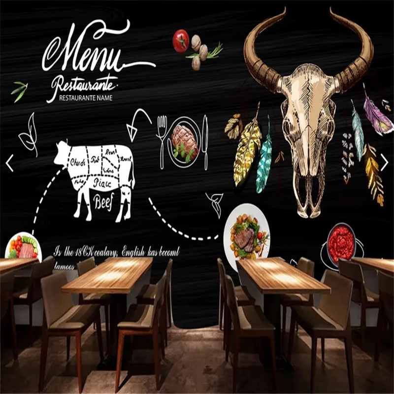 Пользовательские Настенные обои 3D черная ручная роспись стейк Вестерн Ресторан