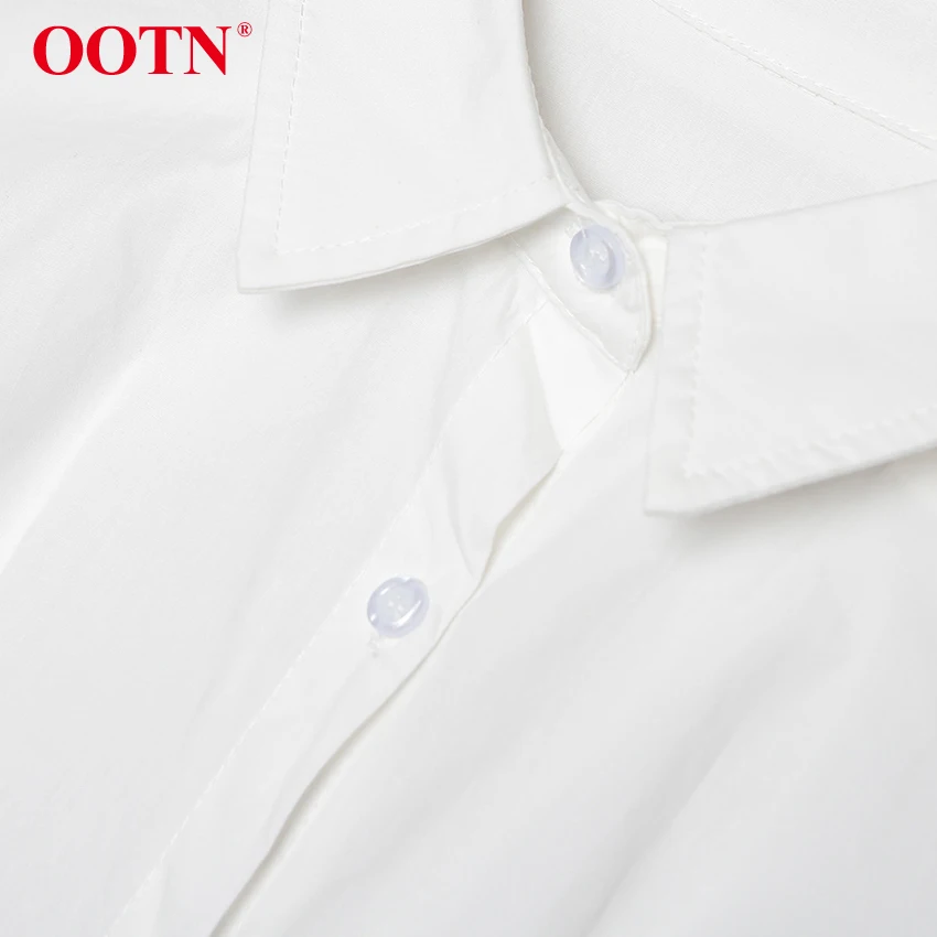 OOTN отложной воротник офисная рубашка платье дамы фонарь с длинным рукавом Элегантная плиссированная Туника белые женские платья осень