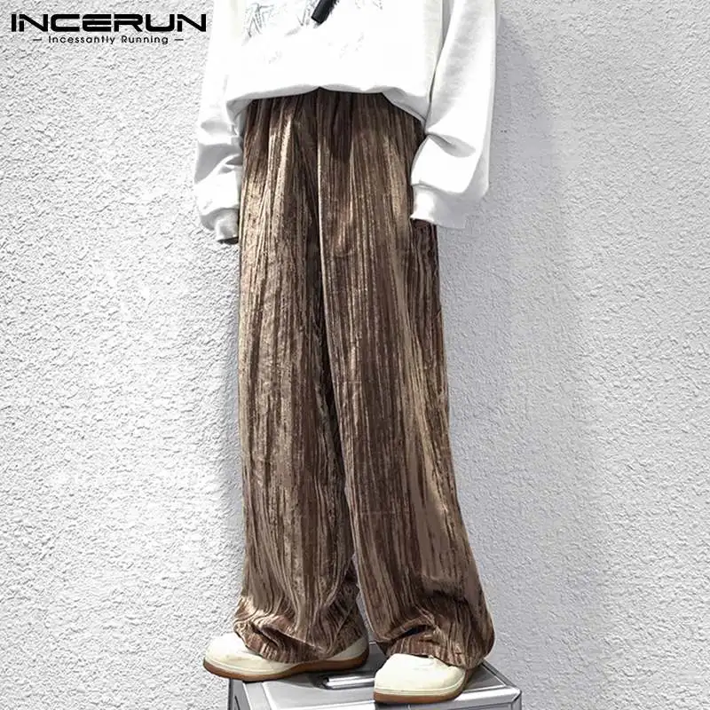 

Men Pants Velour Elastic Waist Streetwear 2021 Pockets Casual Wide Leg Trousers Joggers Loose Leisure Pantalones Hombre INCERUN