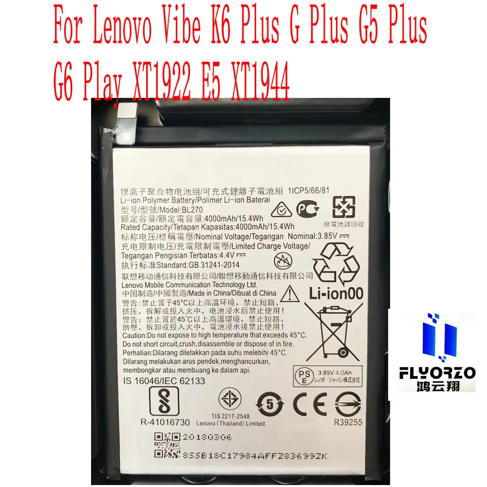 

100% Brand new high quality 4000mAh BL270 Battery For Lenovo Vibe K6 Plus G Plus G5 Plus G6 Play XT1922 E5 XT1944 Mobile Phone