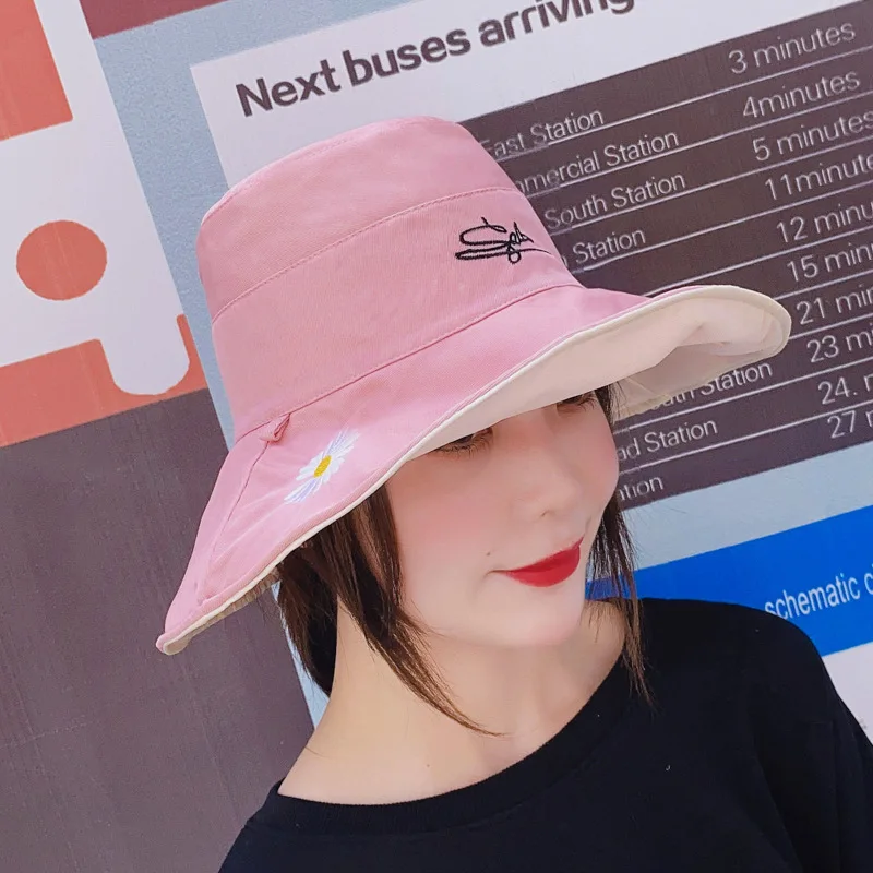 

Ladies Hat Double-sided Fisherman Hat Small Daisy Embroidery Sun Hat Korean Fashion Smiley Casual Basin Hat
