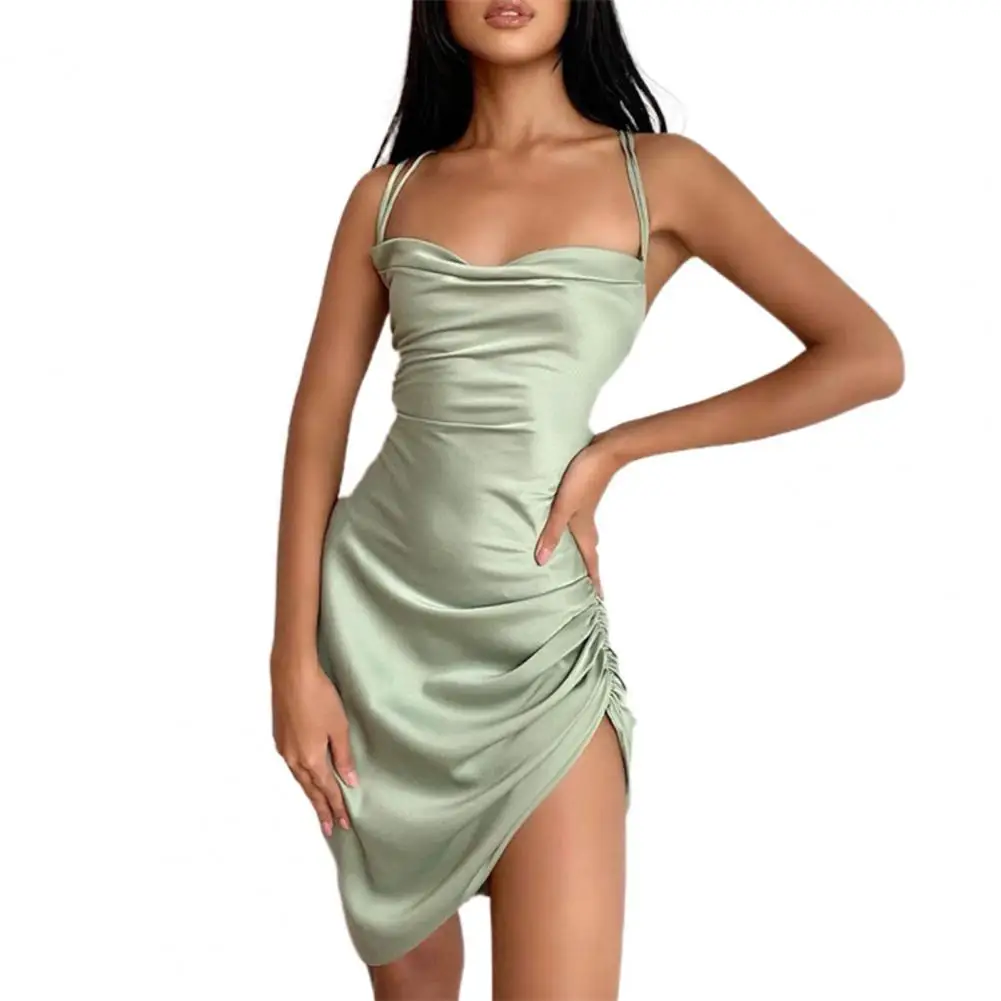

Spaghetti Solid Color Satin Women Strap Dress Shirring Irregular Hem Backless Sling Sexy Party Elegan Slim Mini Dress