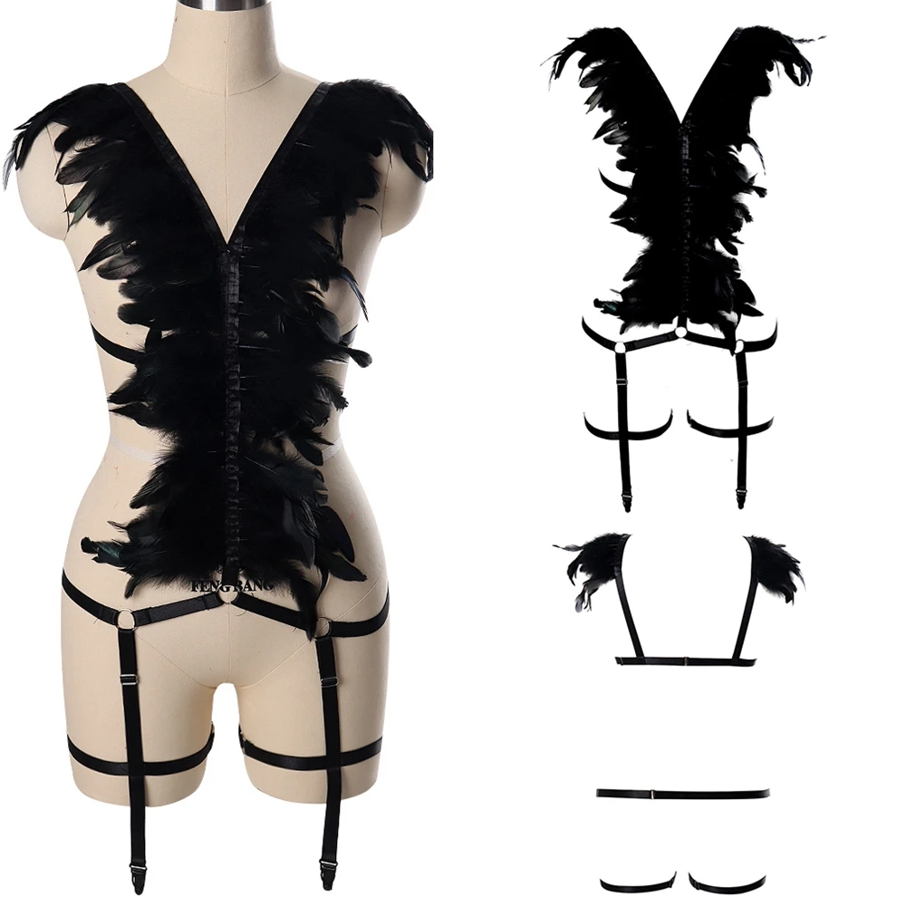Боди женское с перьями и открытой грудью сексуальное нижнее белье для танцев на