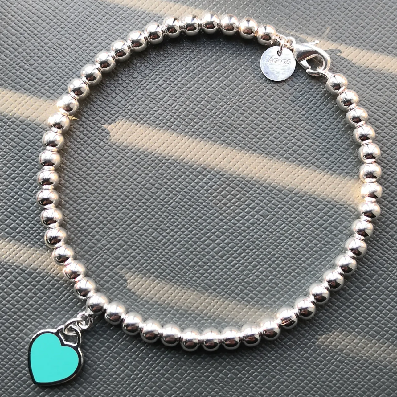 

Ladies Classic S925 Sterling Silver Heart-shaped Blue Pink Enamel 4mm Round Bead Bracelet Jewelry Couple Holiday Gift