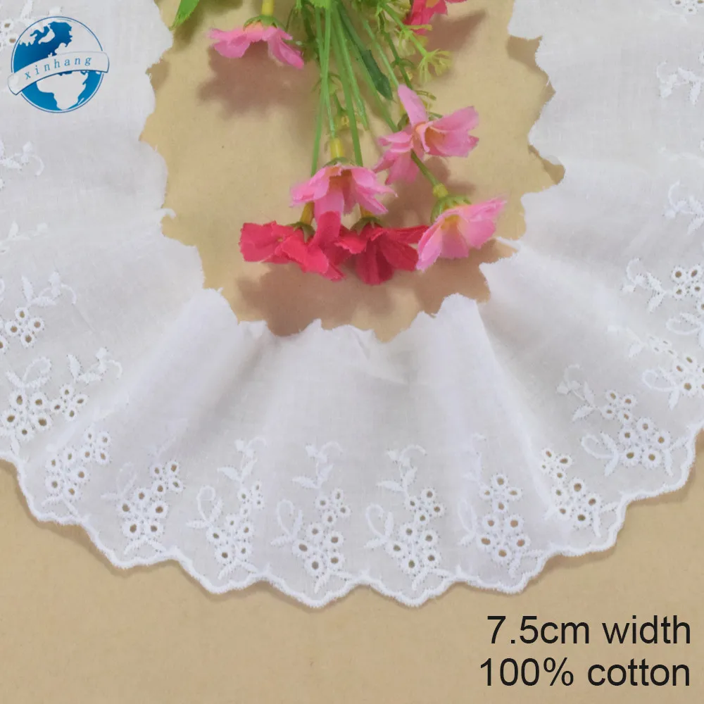 Белая вышивка из чистого хлопка Ширина 7 5 см кружевная швейная лента отделка