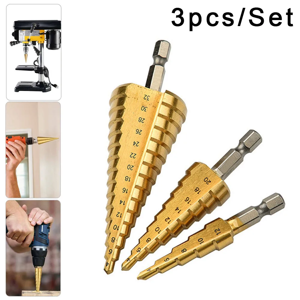 

Titanium Step Drill Bit Hand Tool Sets 3-12 4-12 4-20 4-32mm Step Cone Cutt Woodworking Wood Metal Drill Bit Set