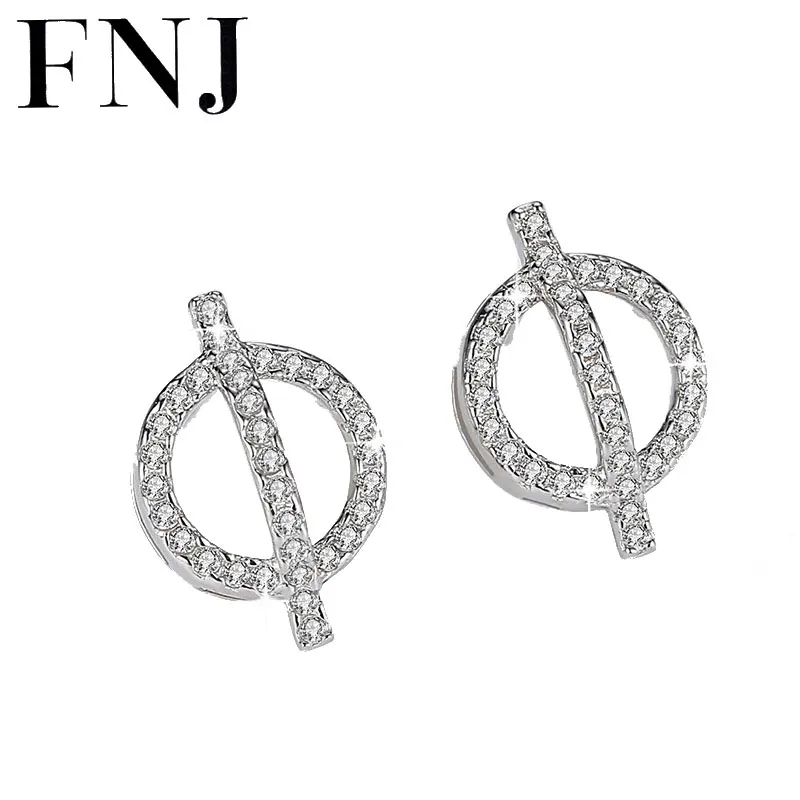 

FNJ Round Earrings 925 Silver Jewelry Original Pure S925 Sterling Silver Stud Earring for Women White Zircon