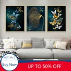 Современный минималистичный плакат синяя Золотая Бабочка настенная Картина на холсте роспись для гостиной декоративная картина домашний декор