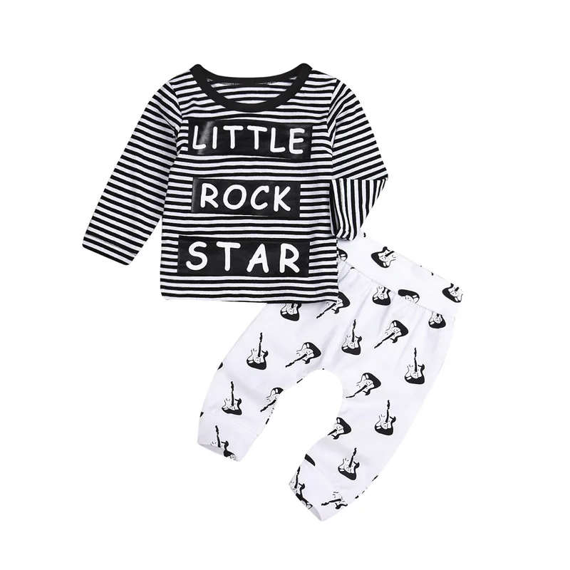 

2021 New Autumn Cute Cartoon Gitar Baby Boys Girls Long Sleeve Clothes Set Casual Letter Striped Top Print Pants Outfit 0-18M