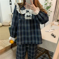 loose casual chic women sweet pajamas 2021 chic plaid sleepwear patchwork lace geometric long sleeves home clothes