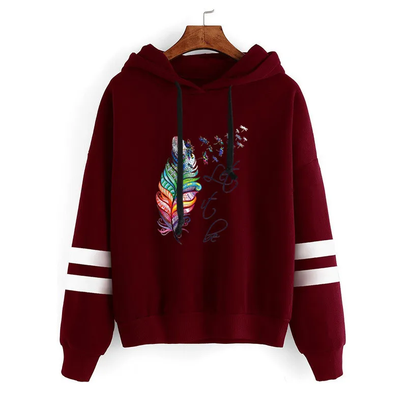 

Women Hoodie Colored Feather Printed Hoodies Women Double Striped Long Sleeve Fleece Sweatshirt with Hat Girls Pullovers Winter