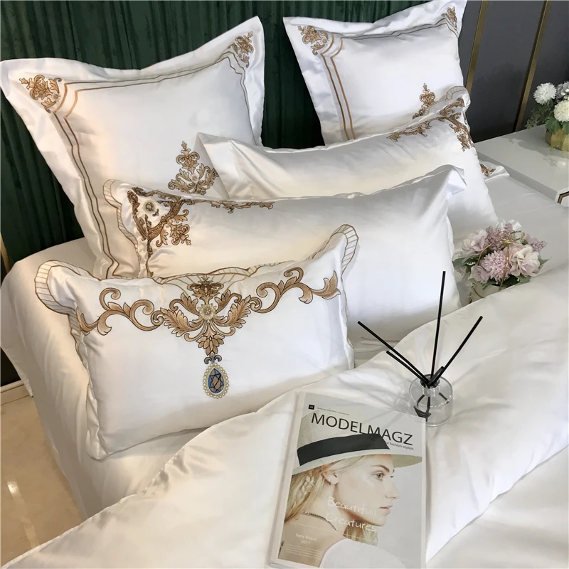 

LUXURY GOLD EMBROIDERY 60S SATIN SILK COTTON BEDDING SET DOUBLE DUVET COVER SET BED LINEN FITTED SHEET PILLOWCASES HOME TEXTILE