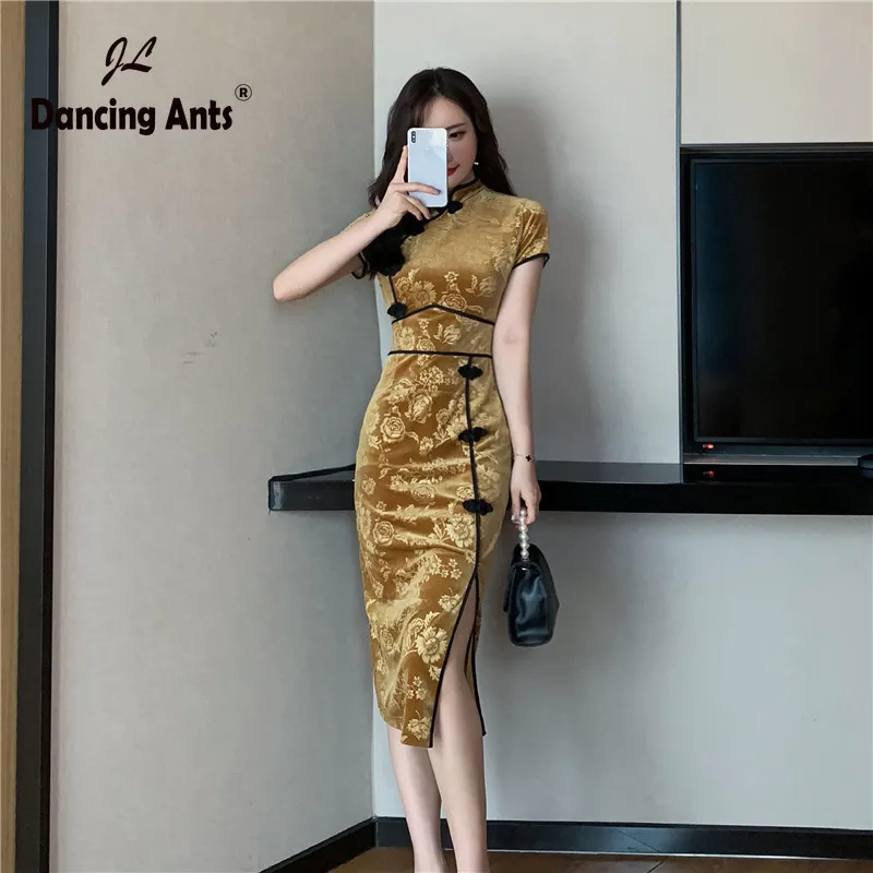 Женский чонсам платье карандаш с коротким рукавом воротник стойка сексуальные