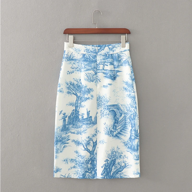 

2020 New Women 2pcs top Skirt suit Chinese style Blue and white porcelain printing jacket skirt suits Long sleeve short coat