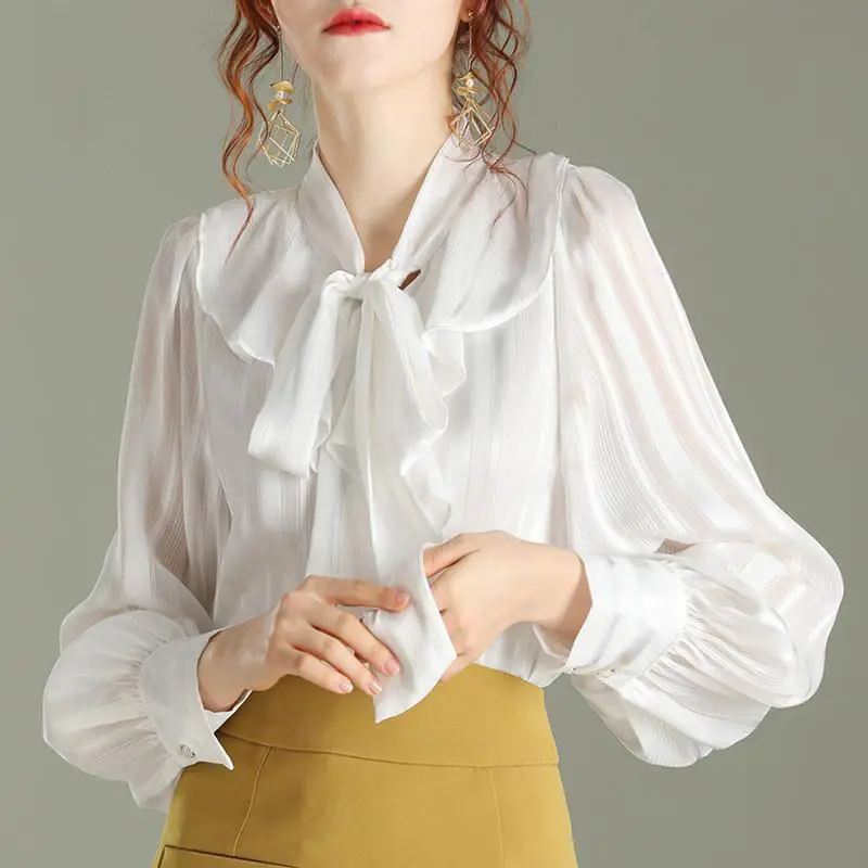 Bubble sleeve jacket lantern sleeve white long sleeve chiffon shirt 2021 ruffled shirt bow  one shoulder top  puff sleeve top