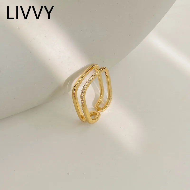 

LIVVY Silver Color Double Layer zircon Rectangle Open Rings For Women Korea Style Fine Jewelry New Year Gift