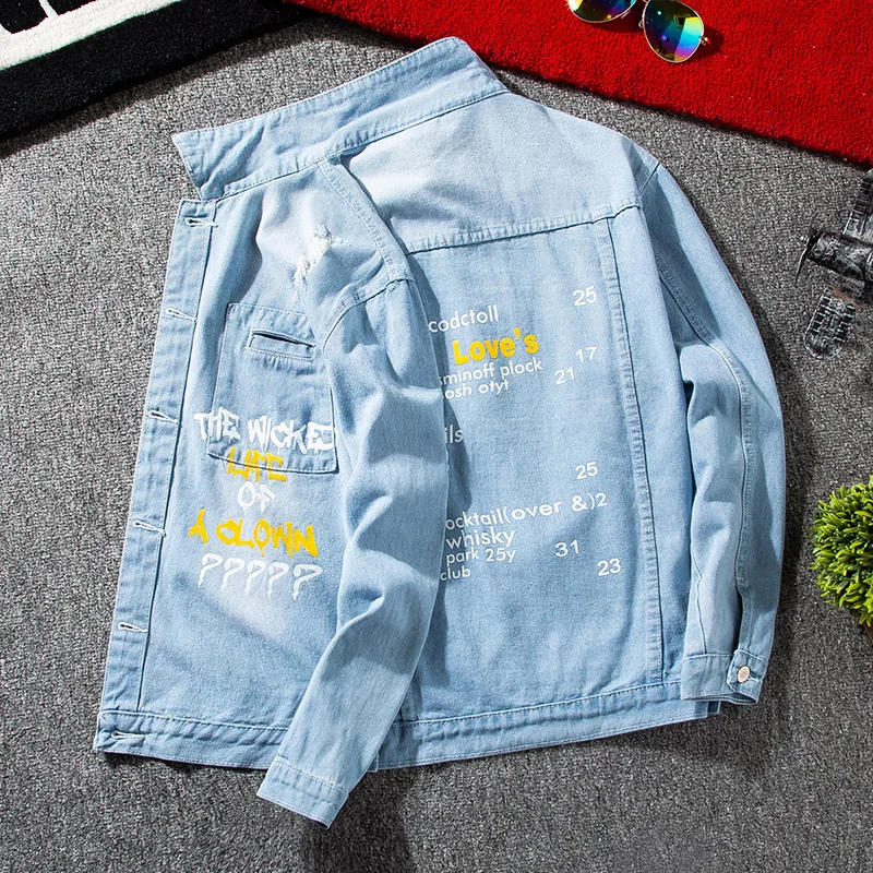 

#7108 Blue Denim Jacket Men Spring 2022 Mens Streetwear Jackets And Coats Slim Letters Printed Hip Hop Jacket With Holes