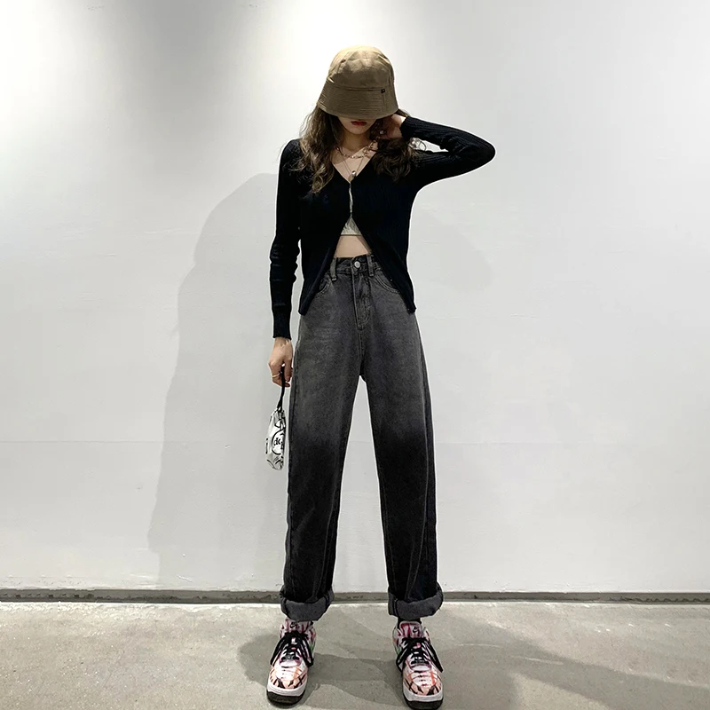 

Black Grey Straight Wide Leg Jeans Woman High Waist Denim Pants Loose Casual Plus Size Korean Jeans Trousers Ladies Chic