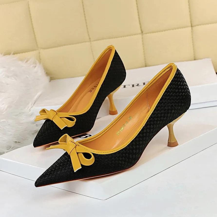 

Korean Fashion Wine Glasses and High-heeled Woven Shallow Pointy Color Matching Bow Joker Women's Shoes