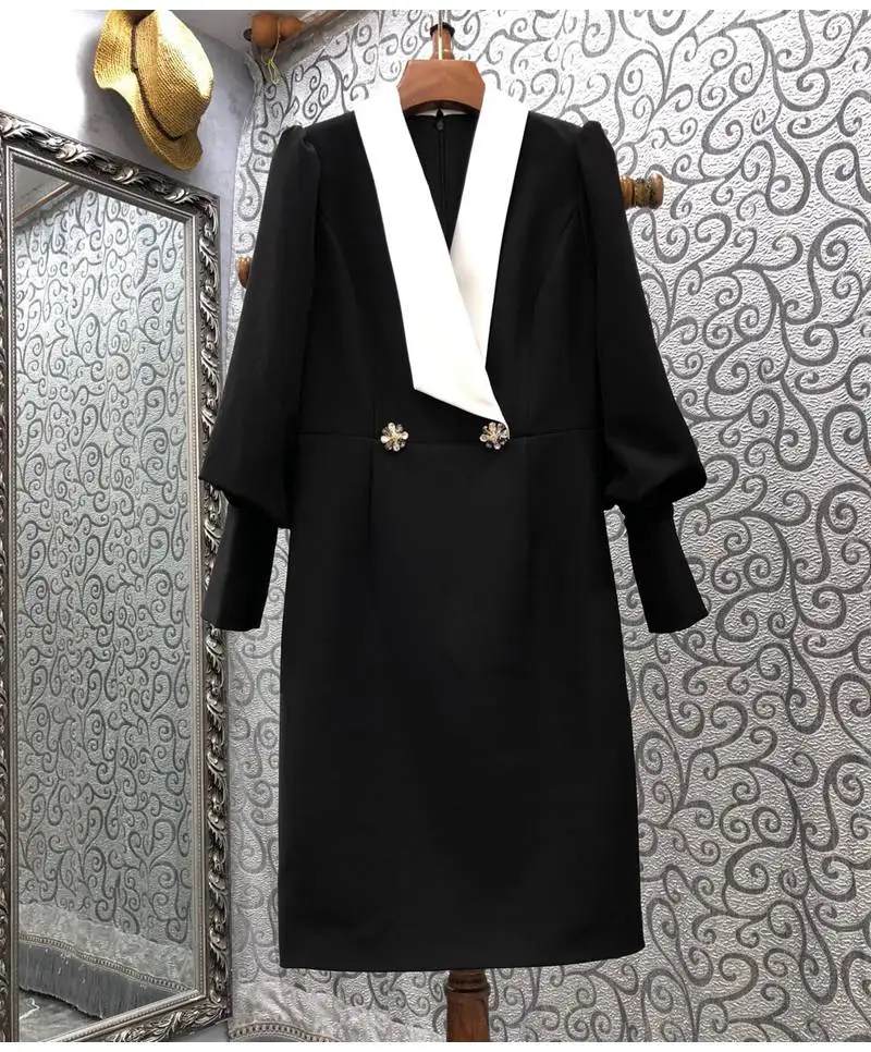 

Женское платье с пуговицами, черное или белое платье с V-образным вырезом, украшенное бисером, с длинным рукавом, Осень-зима 2021