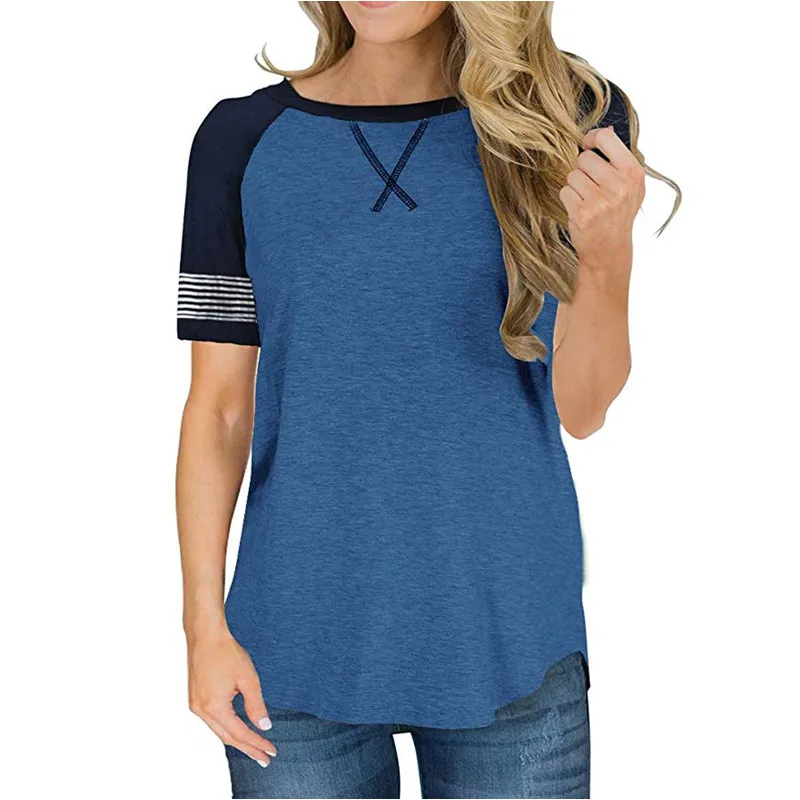 

2021 New Summer T-shirts Women Short Sleeve Loose Casual Cotton T Shirts Striped Sleeved 10 Colors 2XL Fashion Tees Femme