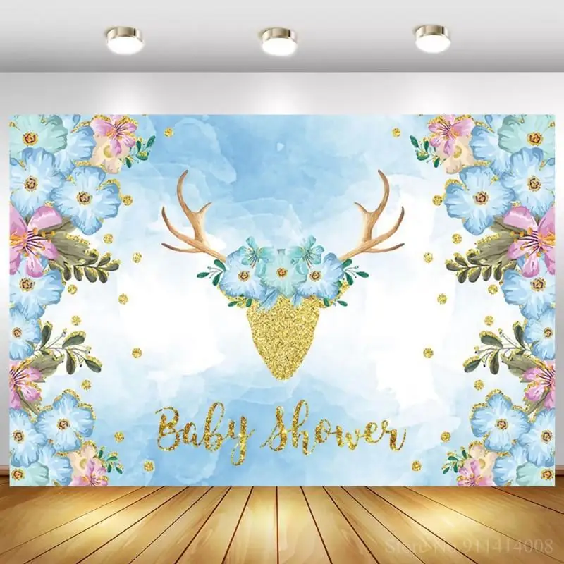 

Фон для фотосъемки новорожденных с изображением Золотой головы оленя небесно-голубых цветов украшение для дня рождения
