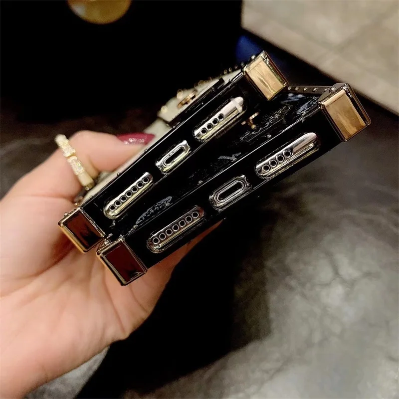 

Fashion Square Wrist Strap Holder Phone Case For iPhone 12mini 11 Pro XSMAX XR 7Plus SE Luxury Leather cover For Samsung S10 S20