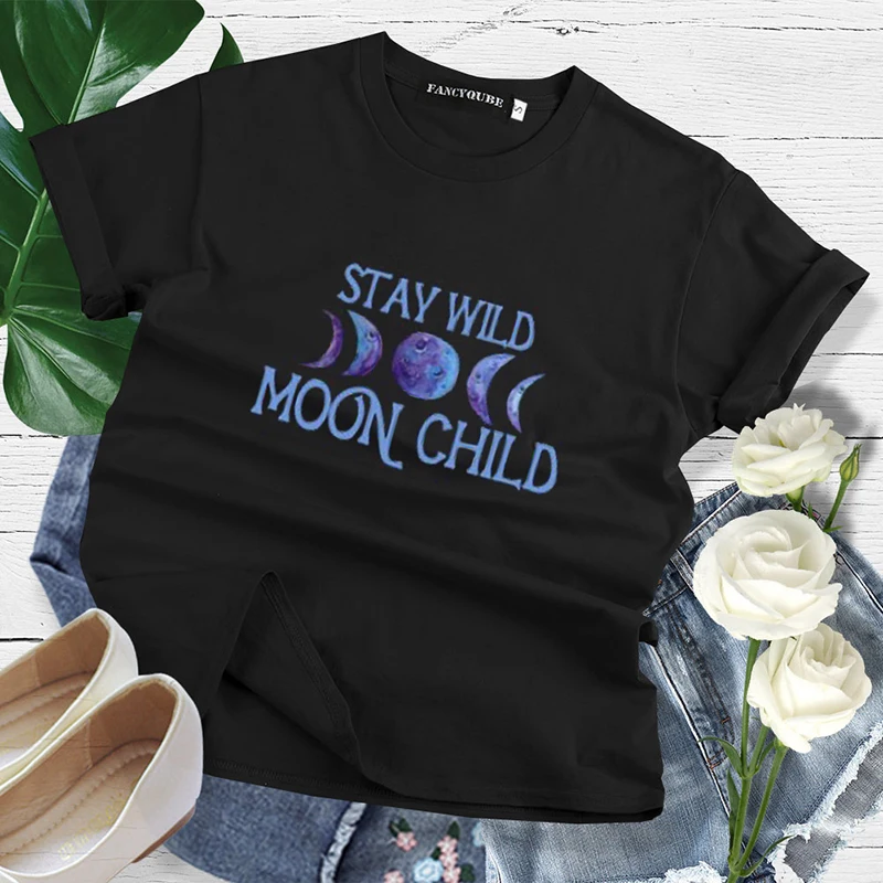 Gothic Women's Tshirt STAY WILD MOON CHILD Print T-shirts Female Short Sleeve Tees camiseta de las mujeres