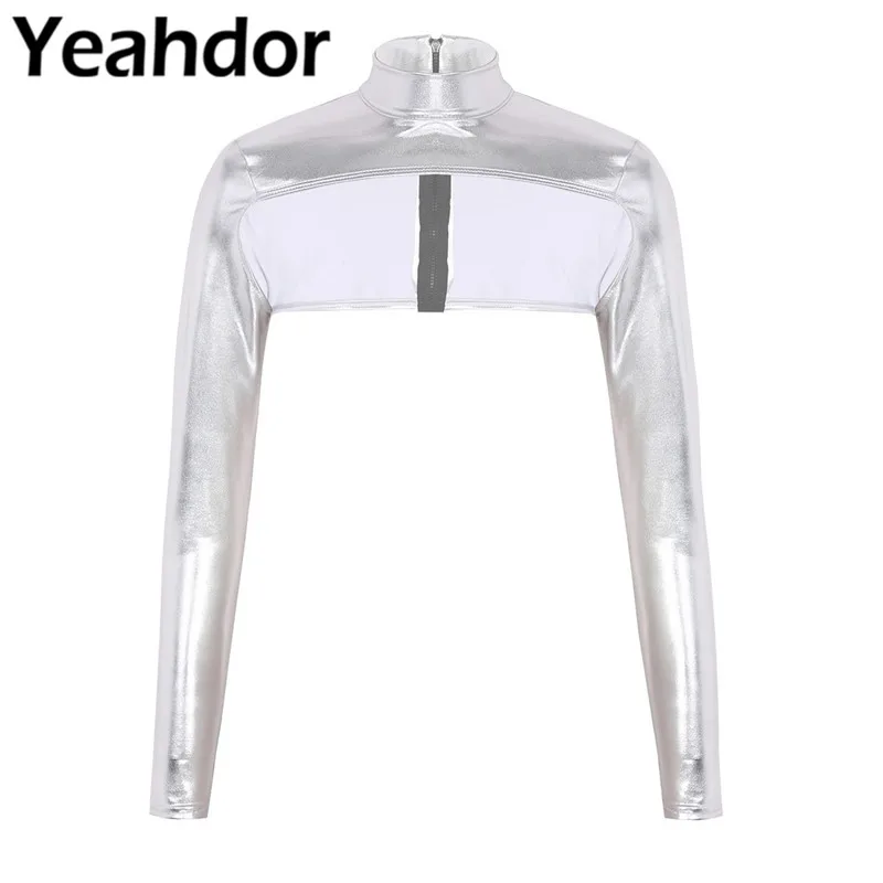 Женский Блестящий металлический топ с высоким воротом и длинными рукавами на
