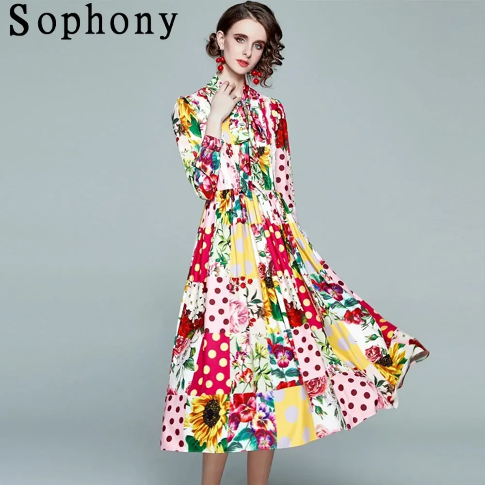 

Boho Vintage Flower Print Midi Dress Female's Bow Tie Collar Long Lantern Sleeve A Line Party Dress Autumn Woman Clothing S77006